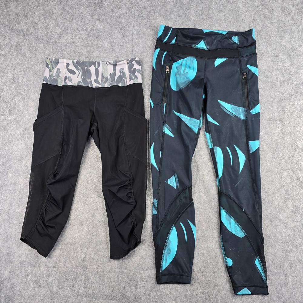 Lululemon Leggings Bundle Womens 4 Teal Print Tight & Black Cactus Crop Capri
